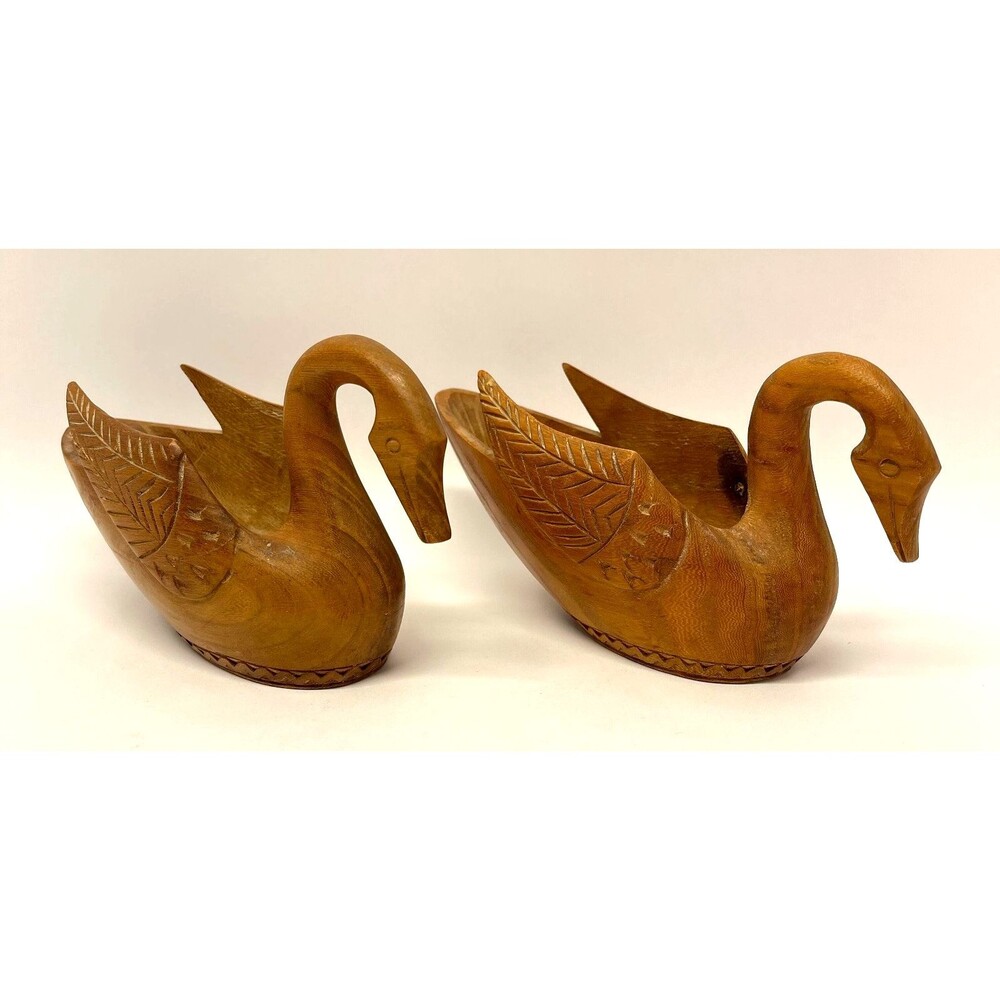 Pair Vintage Carved Wood Swan Trinket Bowls Bird Planters Folk Art Decor